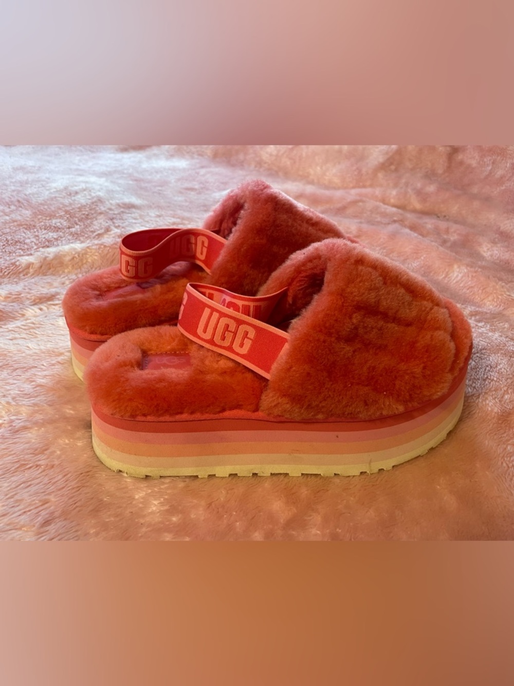 UGG Coral Pink Fluffy Platform Slide Sandals